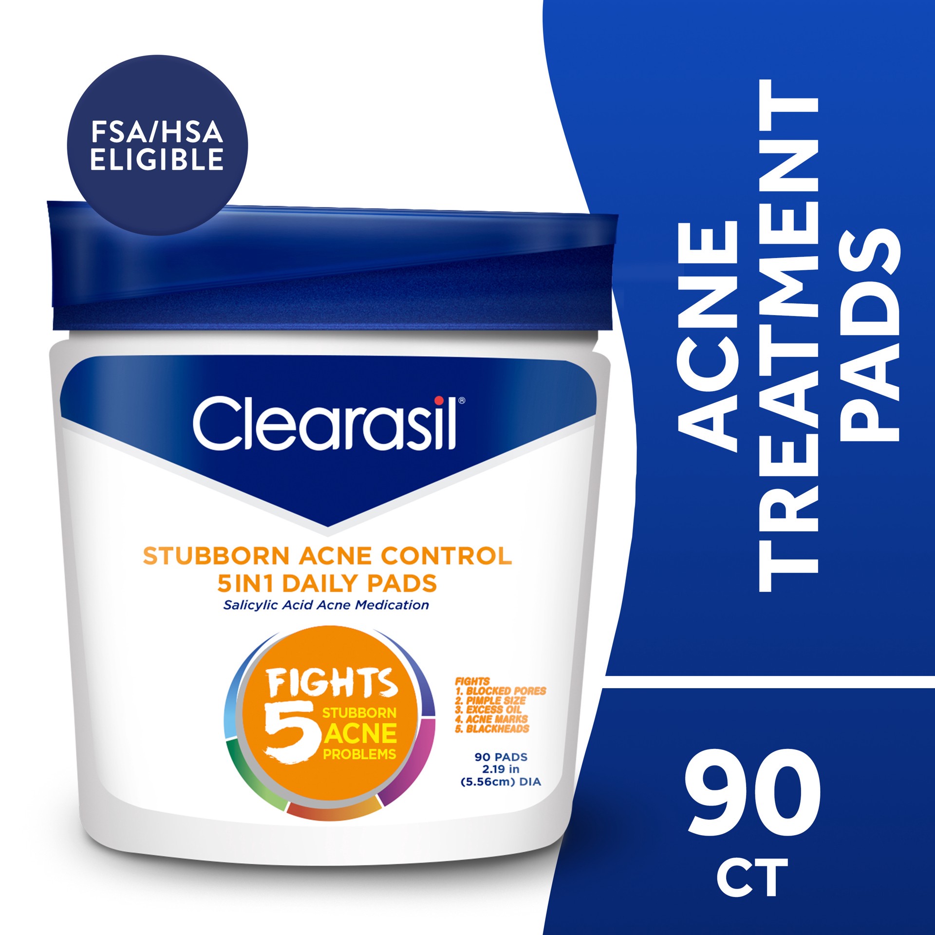 slide 1 of 9, Clearasil Stubborn Acne Control 5in1 Daily Facial Cleansing Pads, with Salicylic Acid Acne Treatment Medicine, 90 Count, 90 ct