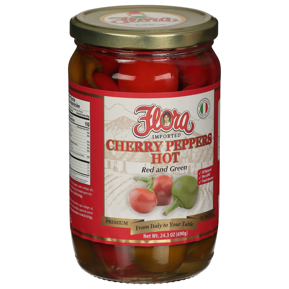 slide 2 of 9, Flora Whole Hot Cherry Peppers, 24 oz