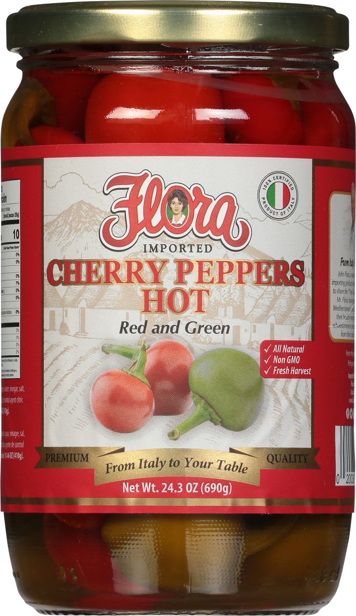 slide 6 of 9, Flora Whole Hot Cherry Peppers, 24 oz