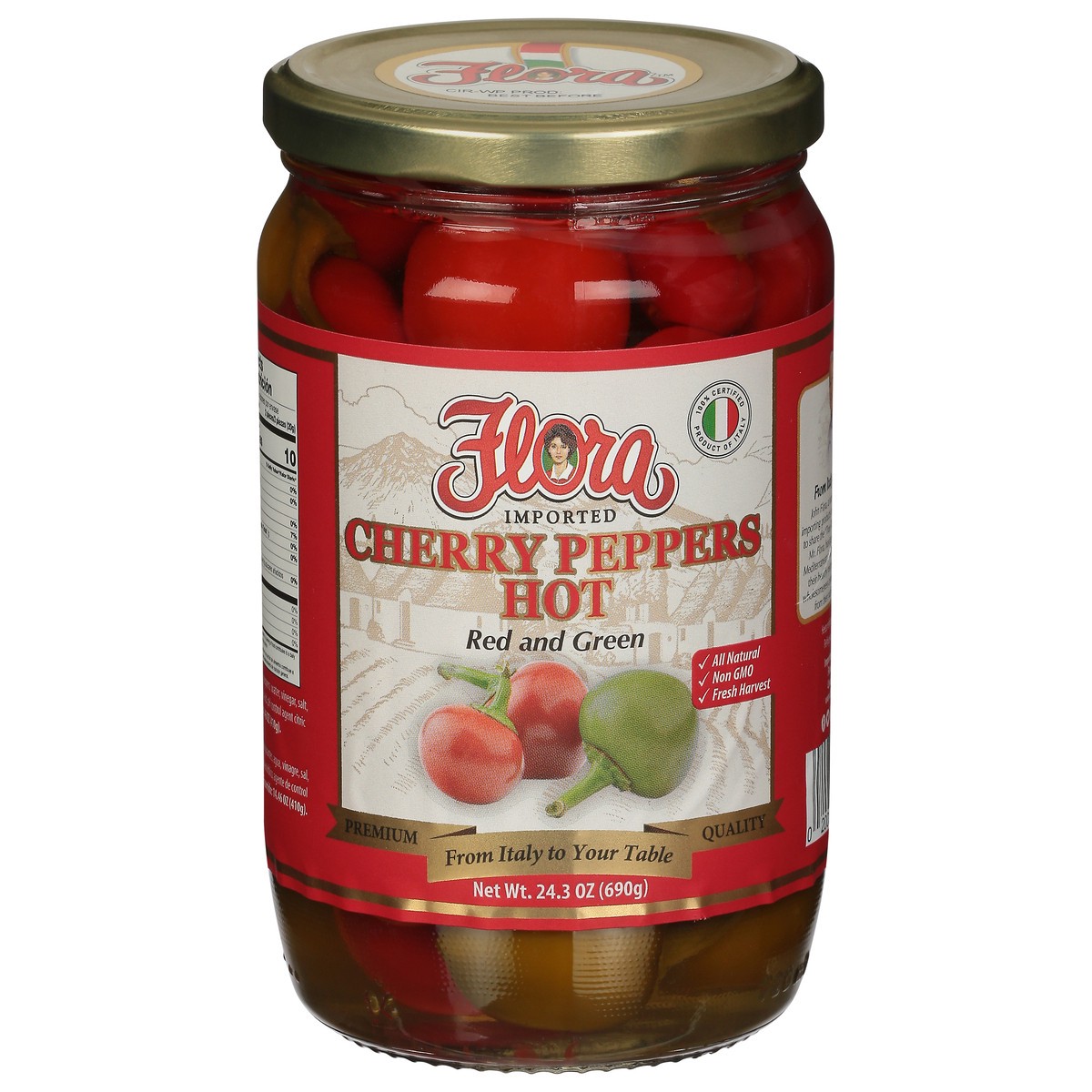 slide 1 of 9, Flora Whole Hot Cherry Peppers, 24 oz