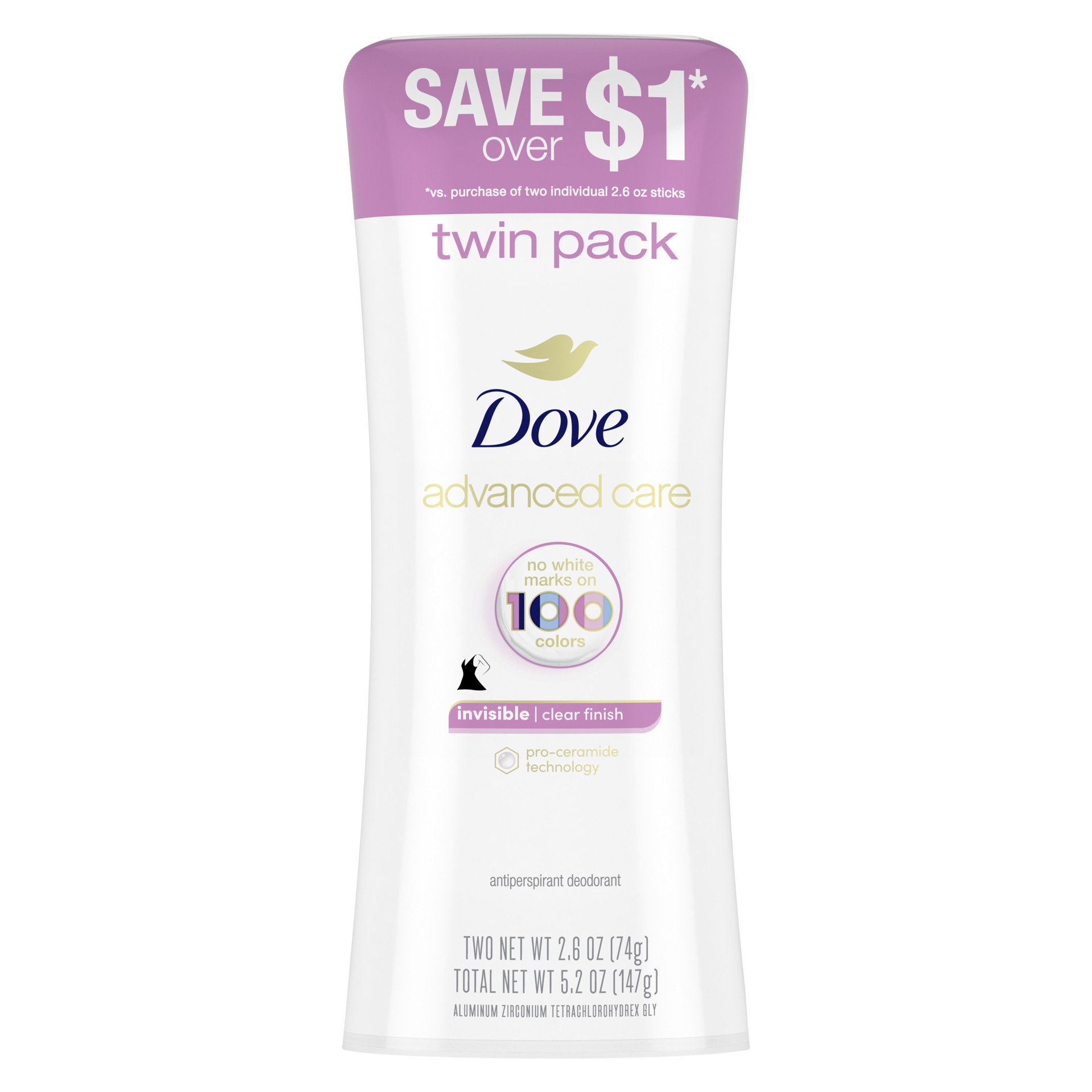 slide 1 of 17, Dove Advanced Care Antiperspirant Deodorant Stick Clear Finish, 2.6 oz, Twin Pack, 2.6 oz