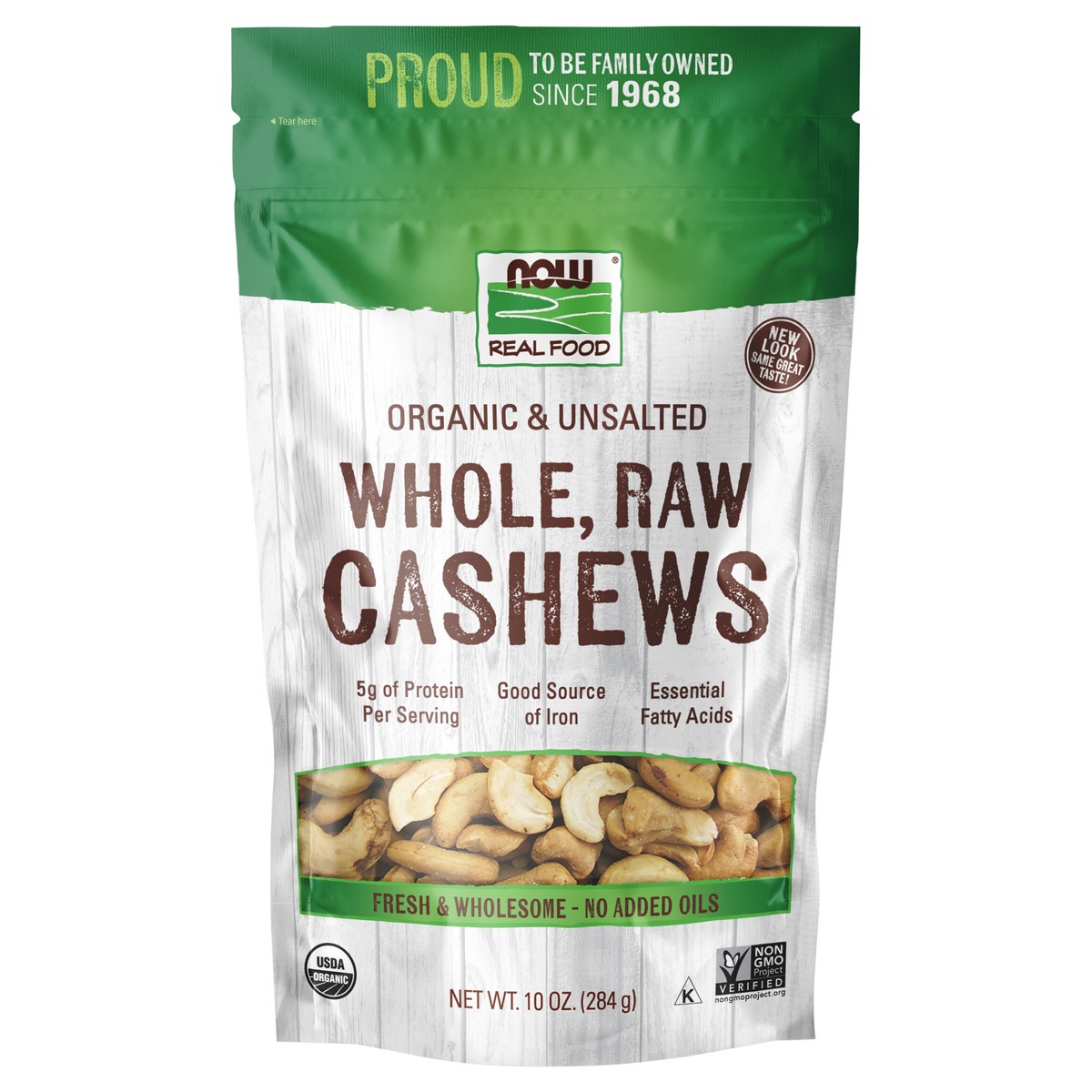 slide 1 of 2, NOW Real Food NOW Foods, Certified Organic Cashews, Whole, Raw and Unsalted, Rich Buttery Flavor, Source of Fiber, Protein and Iron, Certified Non-GMO, 10-Ounce (Packaging May Vary), 10 oz