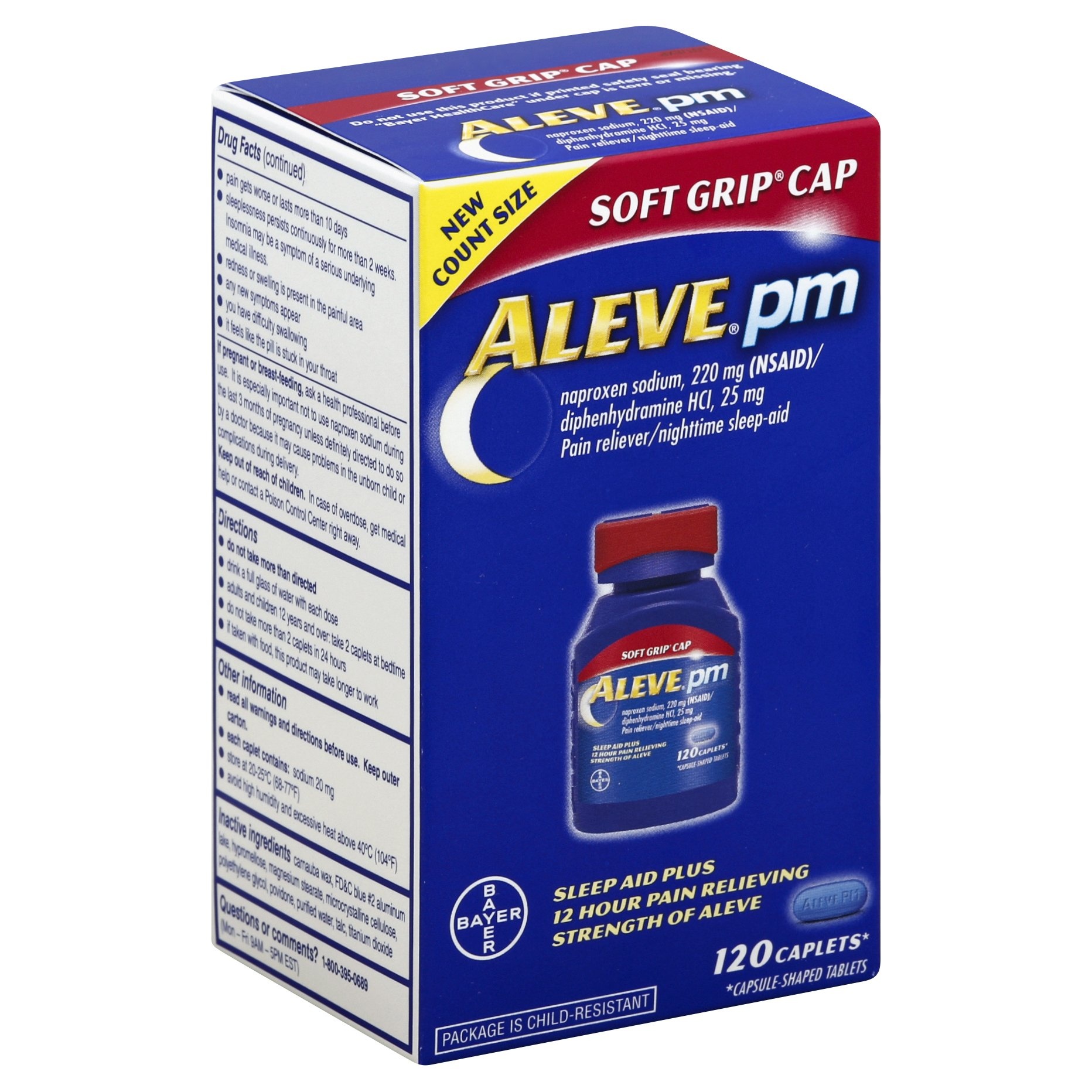 slide 1 of 1, Aleve PM Soft Grip Cap Pain Reliever/Nighttime Sleep-Aid Caplets, 120 ct