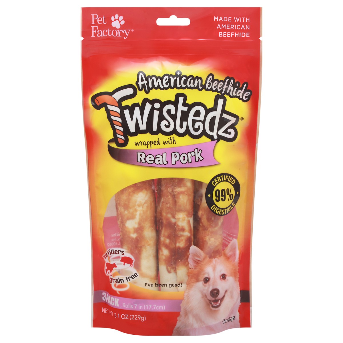 slide 3 of 10, Twistedz Wrapped with Real Pork American Beefhide Dog Chews 3 ea, 3 ct
