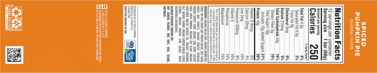 slide 6 of 13, CLIF BAR - Spiced Pumpkin Pie Flavor - Made with Organic Oats - 10g Protein - Non-GMO - Plant Based - Seasonal Energy Bars - 2.4 oz. (12 Count), 28.8 oz