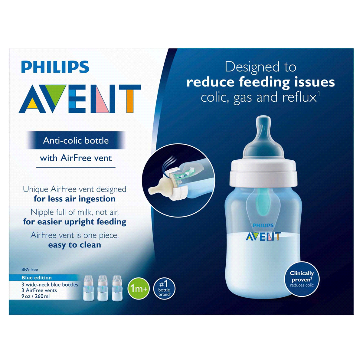 slide 1 of 1, Philips Avent Anti-colic Bottle with AirFree vent Blue, SCF405/34, 3 ct; 9 oz