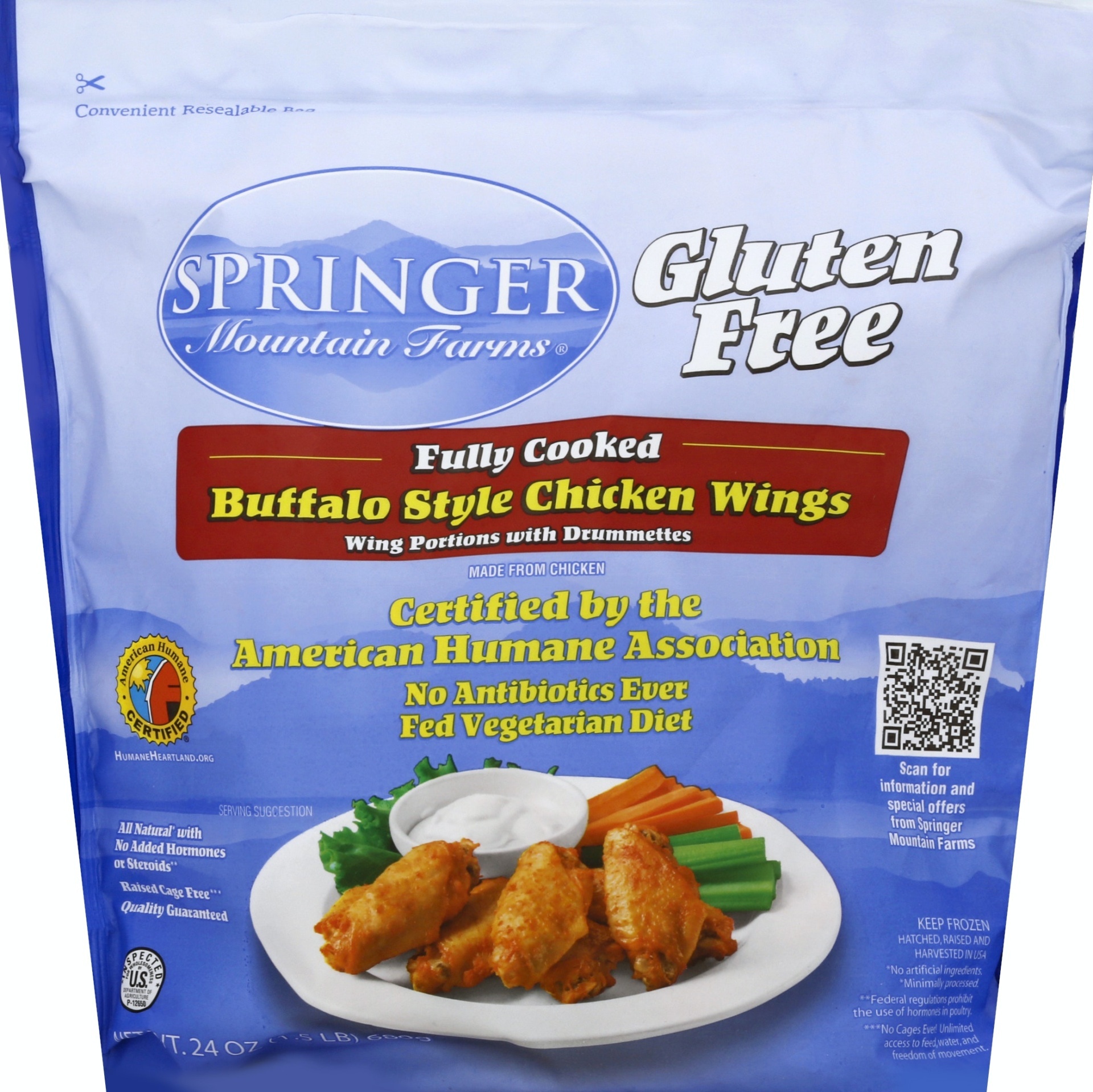 slide 1 of 7, Springer Mountain Farms Springer Mountain Fully Cooked Buffalo Chicken Wings, 24 oz