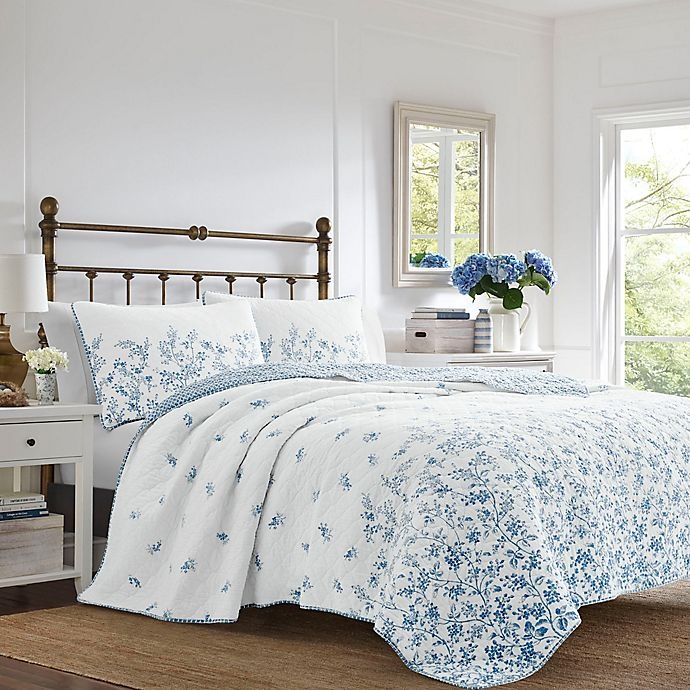 slide 1 of 1, Laura Ashley Flora Reversible King Quilt Set - Blue, 3 ct