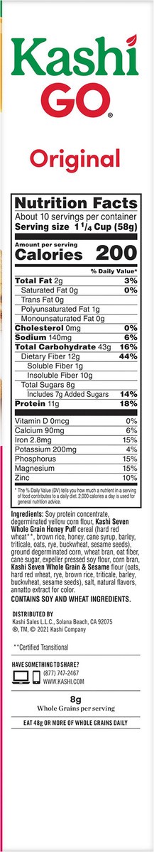 slide 4 of 8, Kashi GO Breakfast Cereal, Vegetarian Protein, Fiber Cereal, Family Size, Original, 20.5oz Box, 1 Box, 20.5 oz