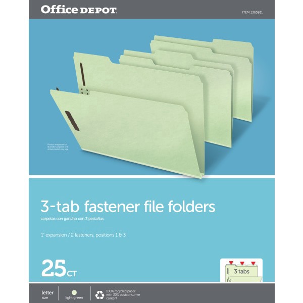 slide 2 of 3, Office Depot® Brand Expanding Pressboard Folders With Fasteners, Letter Size (8-1/2"" x 11""), 1"" Expansion, Green, Box Of 25, 25 ct
