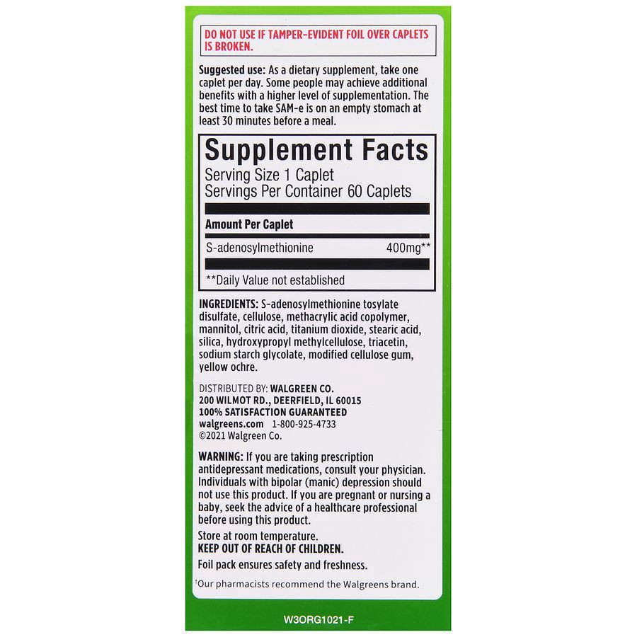 slide 5 of 5, Walgreens SAM-e Double Strength 400 mg Caplets, 60 ct