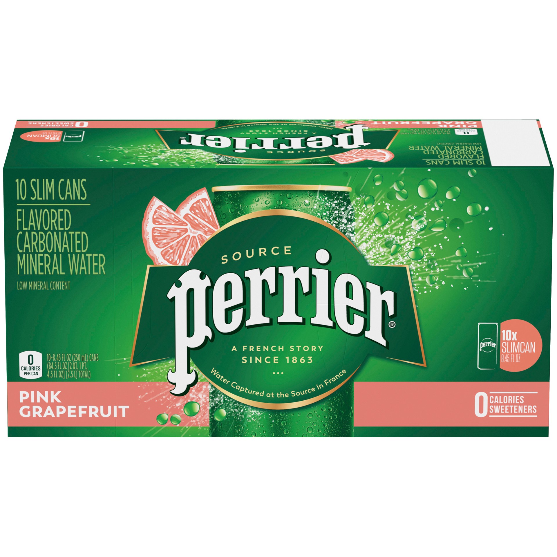 slide 1 of 2, PERRIER Pink Grapefruit Flavored Carbonated Mineral Water,  8.45 fl oz. Slim Cans (10 Count), 84.5 oz