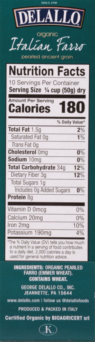 slide 13 of 13, Delallo Organic Pearled Farro, 17.6 oz