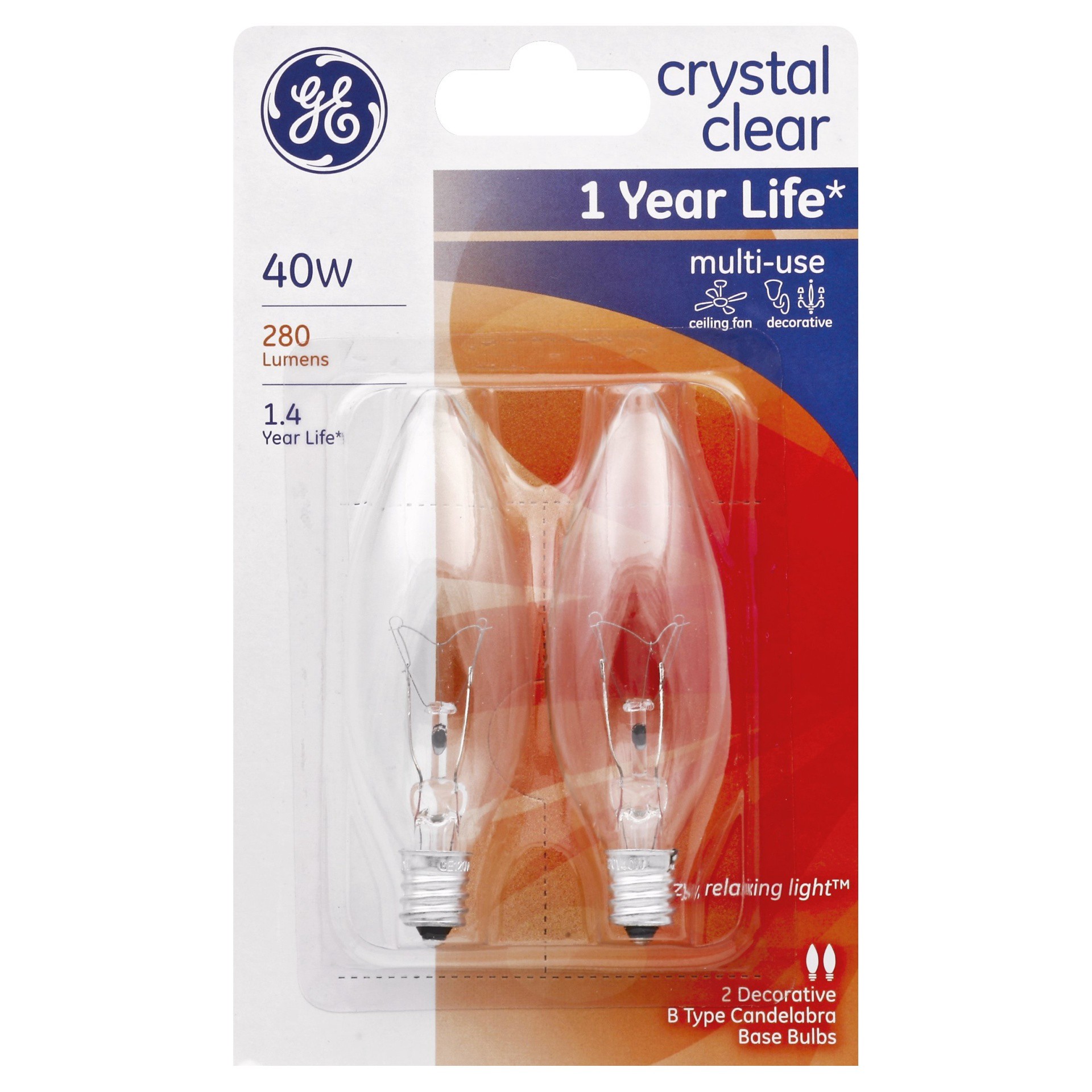 slide 1 of 1, GE Light Bulb, Crystal Clear, 40 Watts, 2 ct