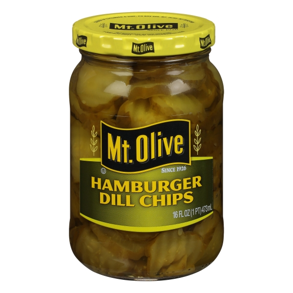 slide 1 of 6, Mt. Olive Hamburger Dill Pickle Chips, 16 oz