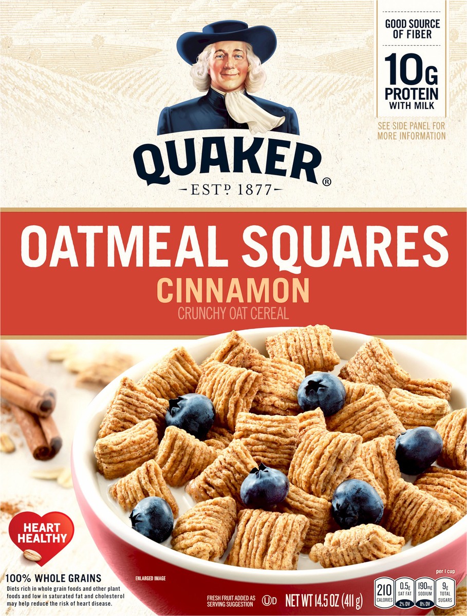 slide 2 of 6, Quaker Oatmeal Squares Crunchy Oat Cereal Cinnamon 14.5 Oz, 14.5 oz