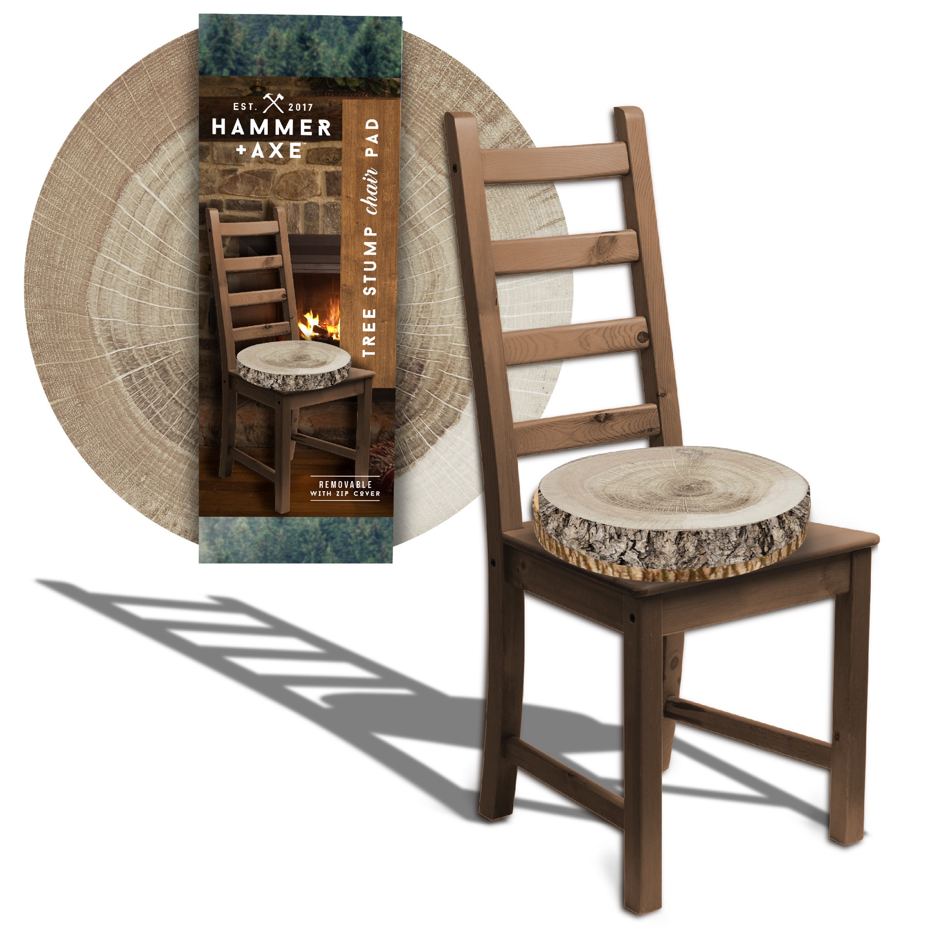 slide 1 of 7, Hammer and Axe Tree Stump Chair Pad, Large Comfortable Soft Foam Cushion for Barstools and Hard Seats, Perfect for Car or Camping, Removable Zip Cover, 15.25 in. Diameter x 3 in. Depth, Cut Log Look, 1 ct