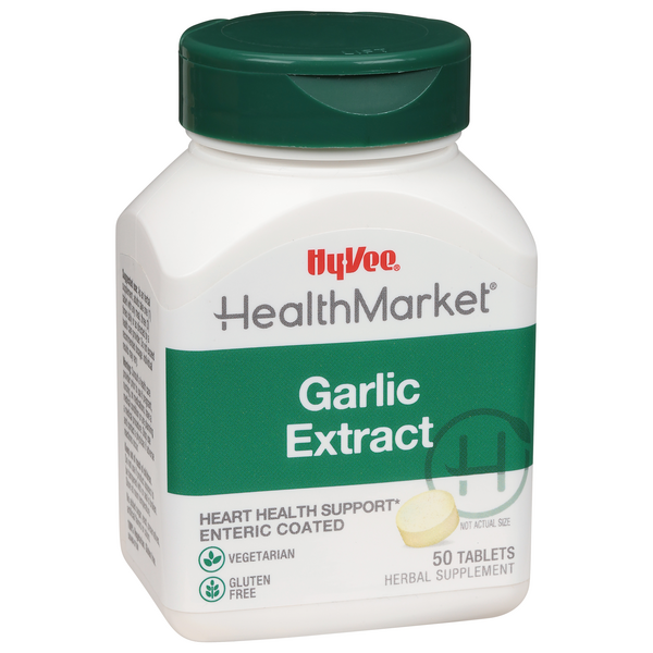 slide 1 of 1, Hy-Vee HealthMarket Garlic Extract Dietary Supplement Coated Tablets, 50 ct