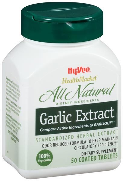 slide 1 of 1, Hy-Vee HealthMarket Garlic Extract Dietary Supplement Coated Tablets, 50 ct