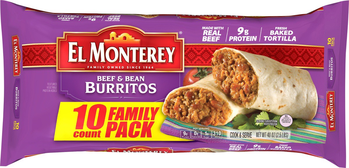 slide 3 of 7, El Monterey Burritos Beef & Bean Family Pack, 10 ct; 40 oz