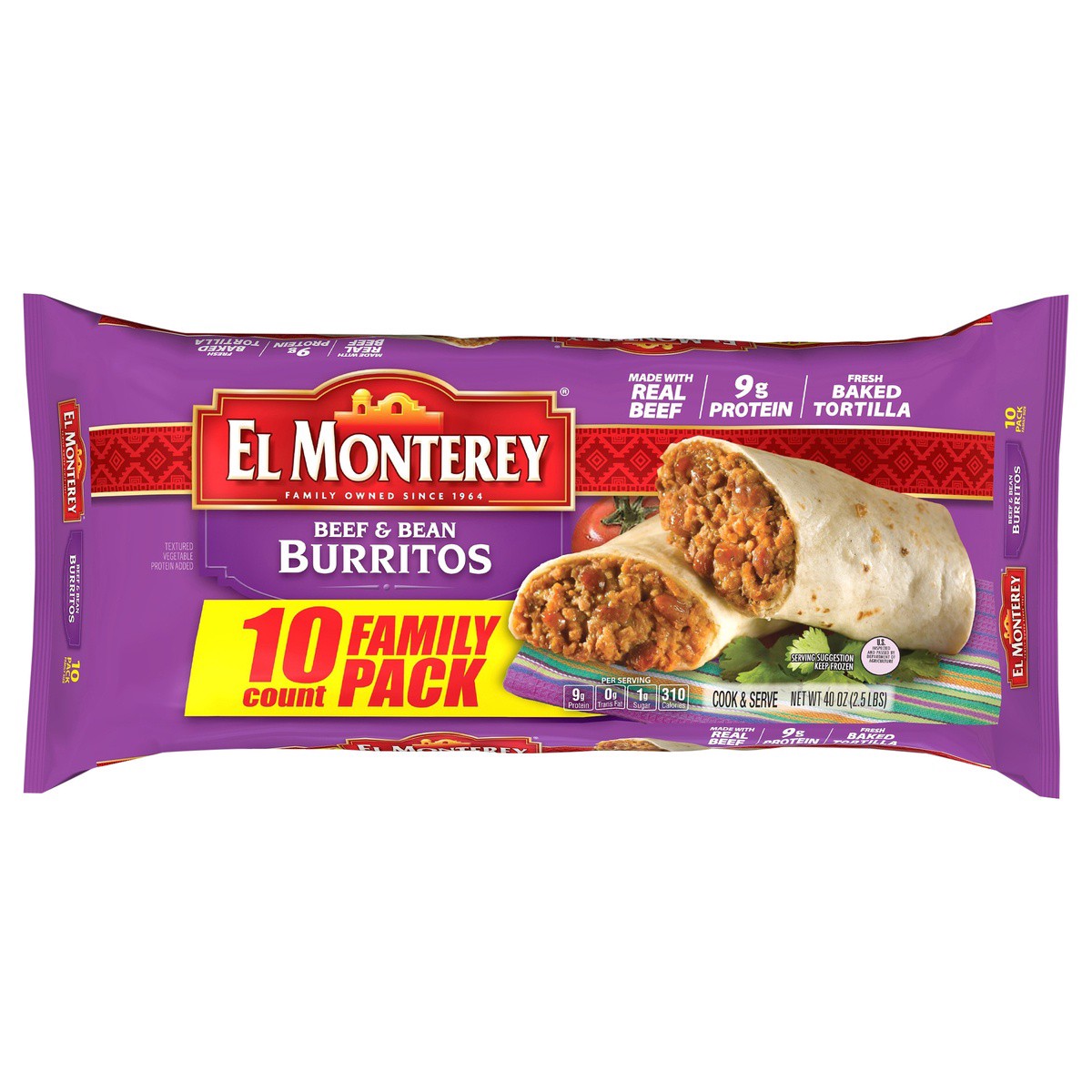 slide 1 of 7, El Monterey Burritos Beef & Bean Family Pack, 10 ct; 40 oz