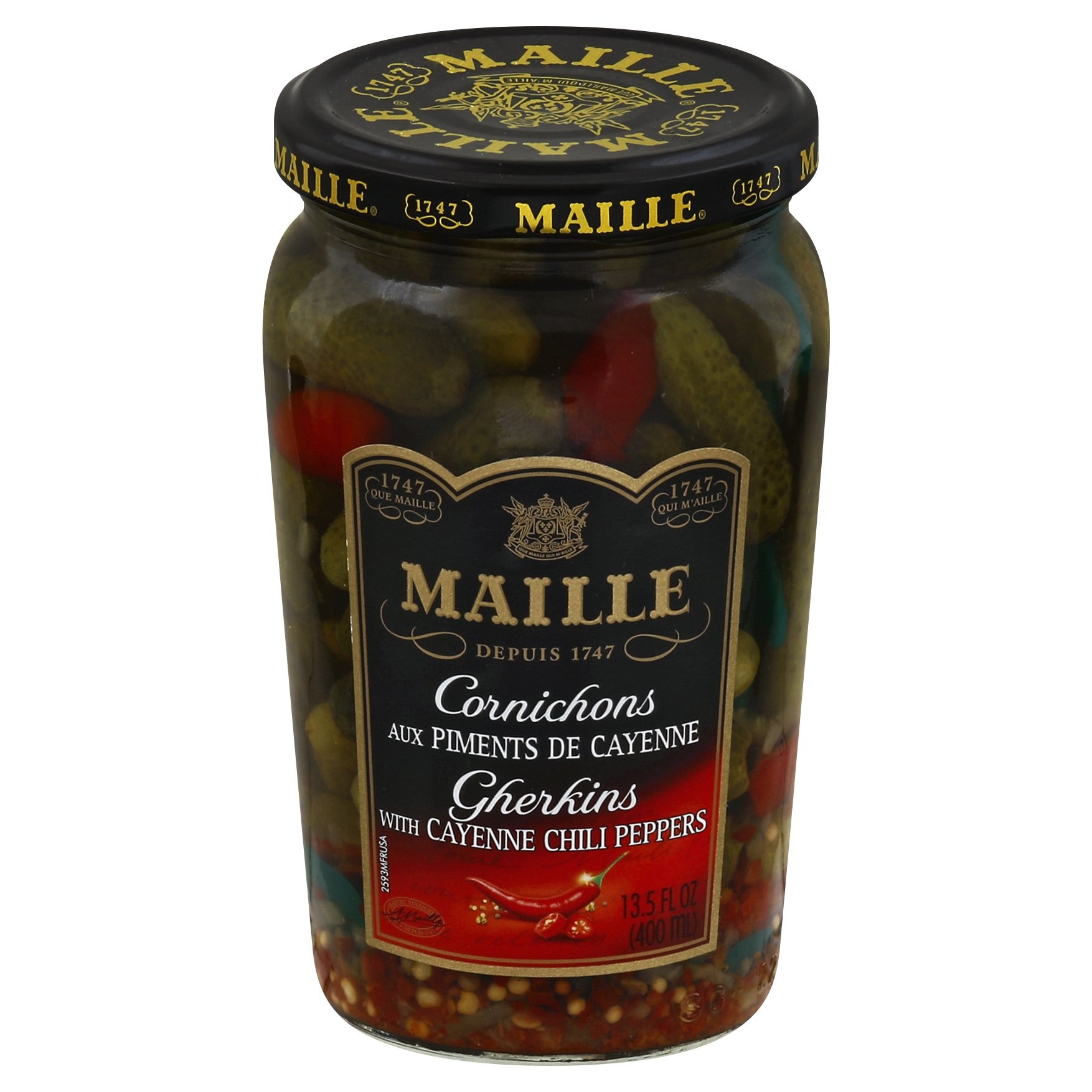 slide 1 of 1, Maille Cornichons Gherkins with Cayenne Chili Peppers, 13.5 oz