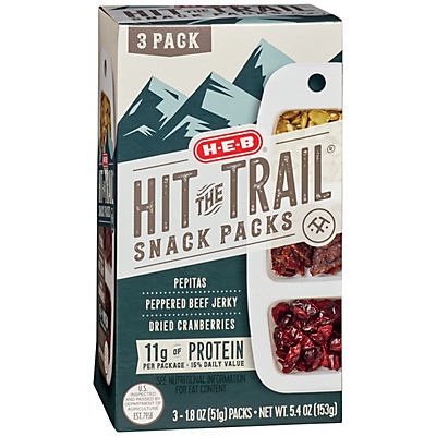 slide 1 of 1, H-E-B Select Ingredients Hit The Trail Peppered Beef Jerky Snack Packs, 3 ct