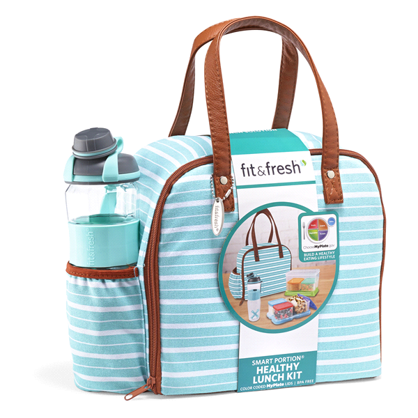 slide 1 of 1, Fit & Fresh Wichita Insulated Lunch Bag with MyPlate Lunch on the Go Set and Active Sport Bottle, Aqua Uneven Stripe, 24 oz