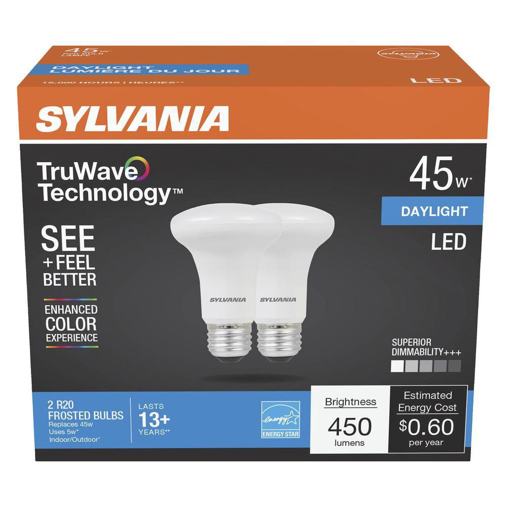 slide 1 of 1, Sylvania TruWave R20 45-Watt Daylight LED Light Bulbs, 2 ct