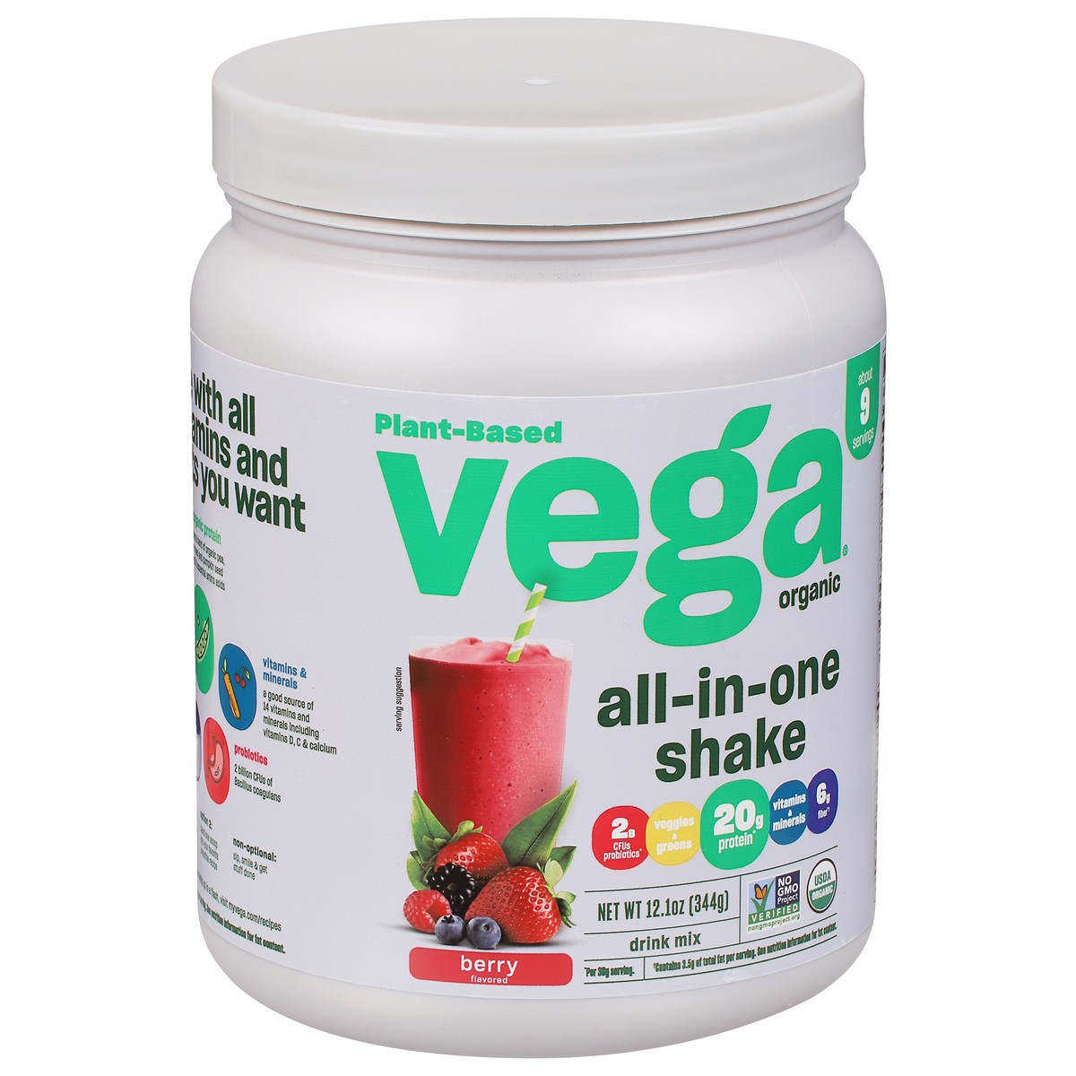 slide 2 of 9, Vega Plant-Based Organic Berry Flavored Drink Mix 12.1 oz, 12.1 oz