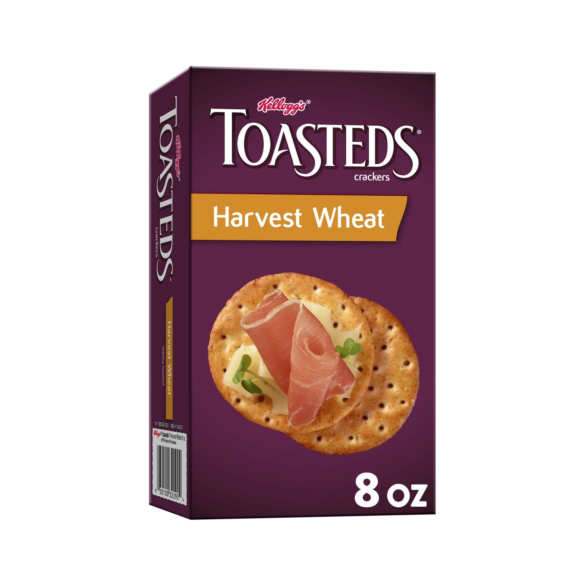 slide 1 of 7, Kellogg's Toasteds Crackers, Toasted Wheat Crackers, Party Snacks, Harvest Wheat, 8 oz
