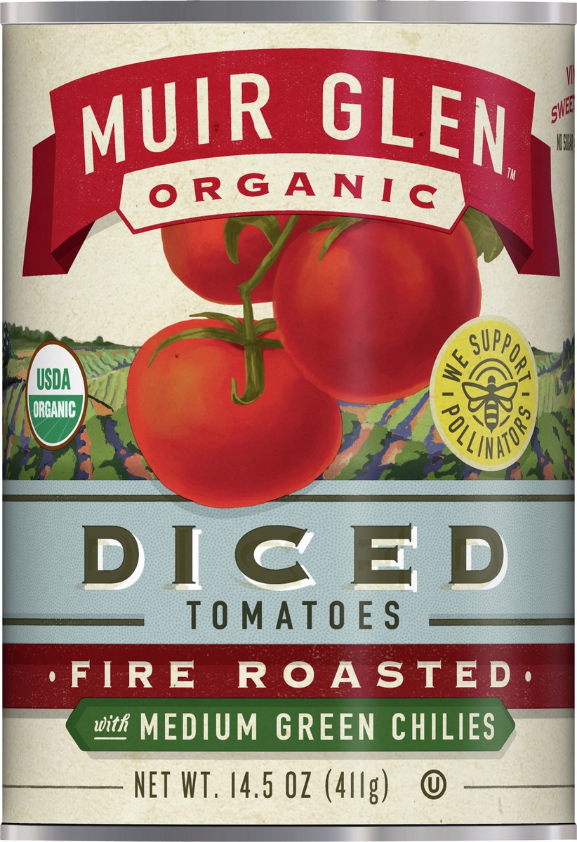 slide 12 of 13, Muir Glen Diced Fire Roasted Canned Tomatoes, with Medium Green Chilies, 14.5 oz., 14.5 oz