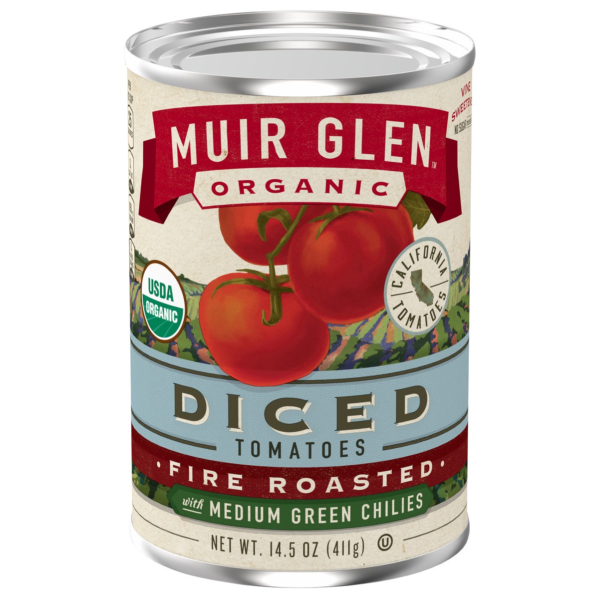 slide 1 of 13, Muir Glen Diced Fire Roasted Canned Tomatoes, with Medium Green Chilies, 14.5 oz., 14.5 oz