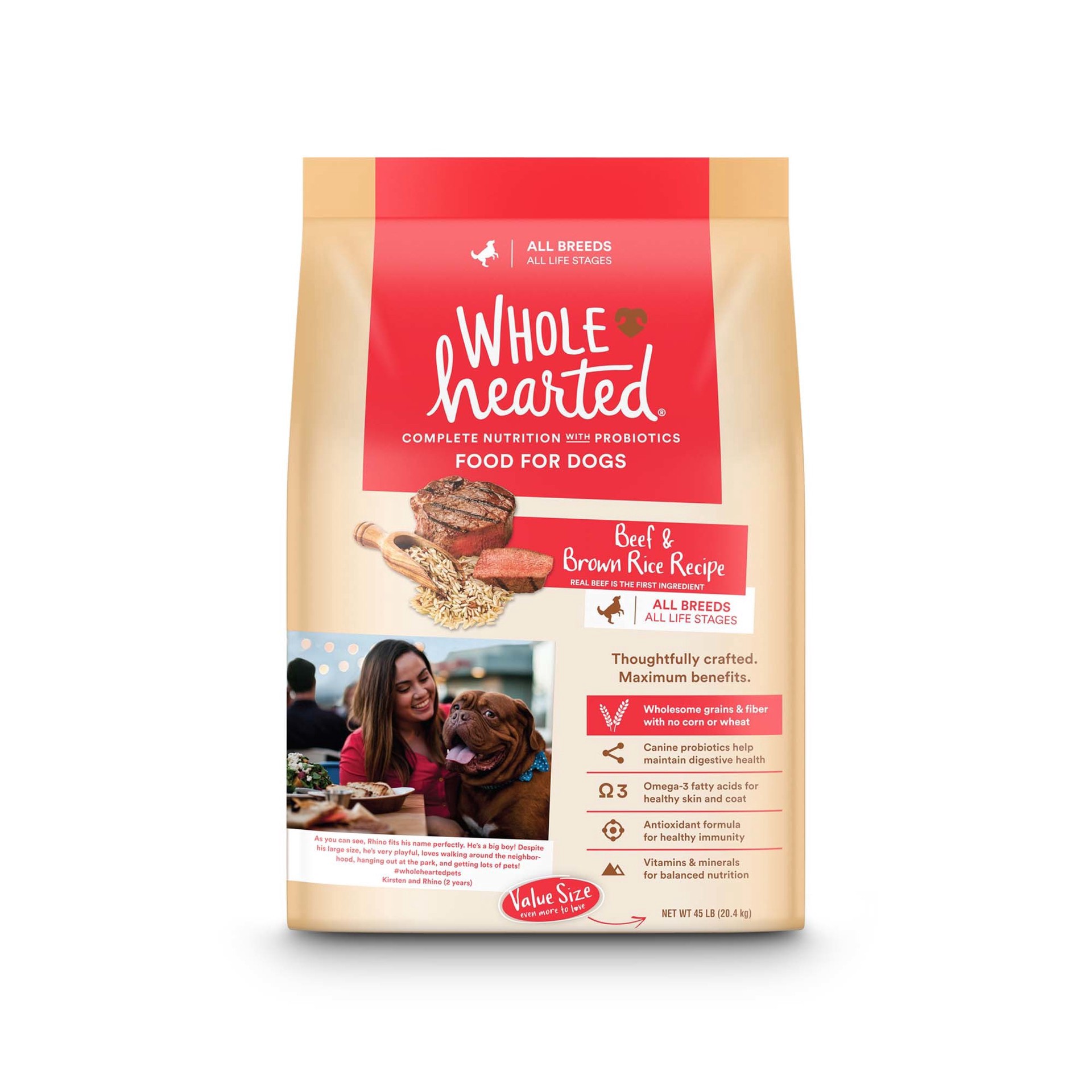 slide 1 of 1, WholeHearted All Life Stages Beef and Brown Rice Recipe Dry Dog Food, 45 lbs., 1 ct