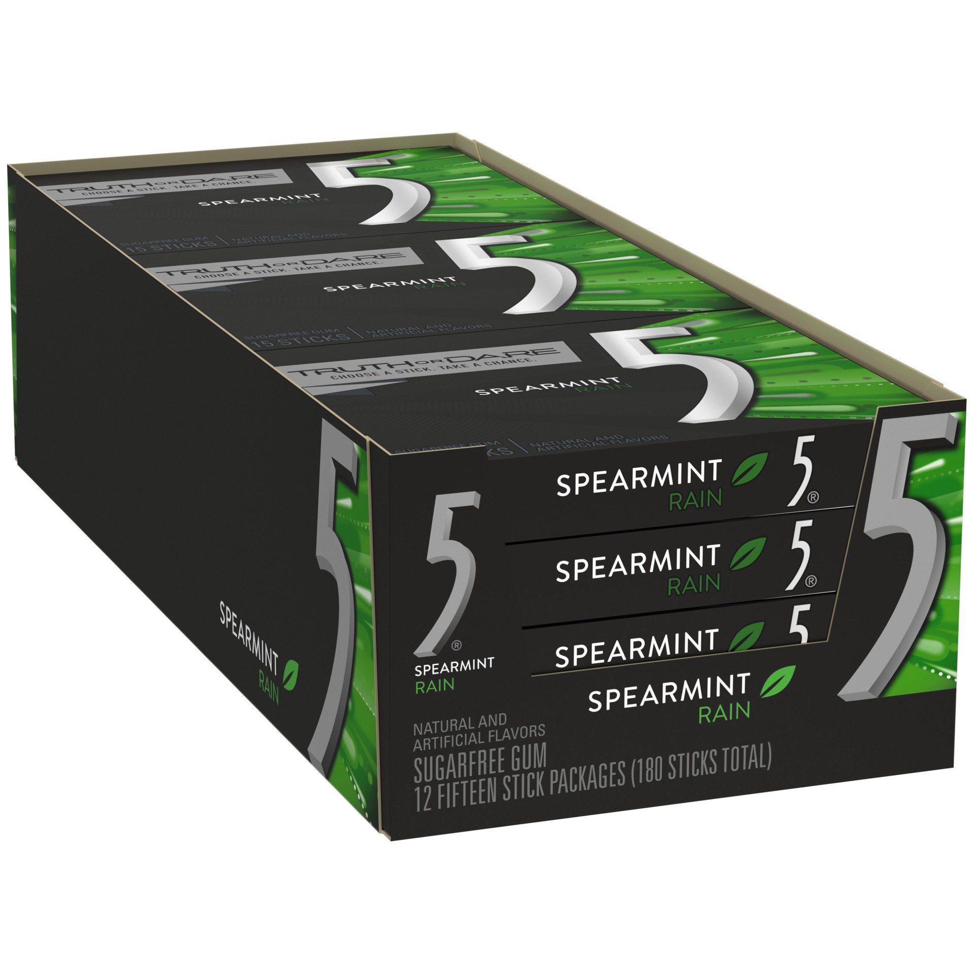 slide 1 of 5, 5 Gum Sugar Free Chewing Gum, Spearmint Rain, 15-sticks, 12-count, 