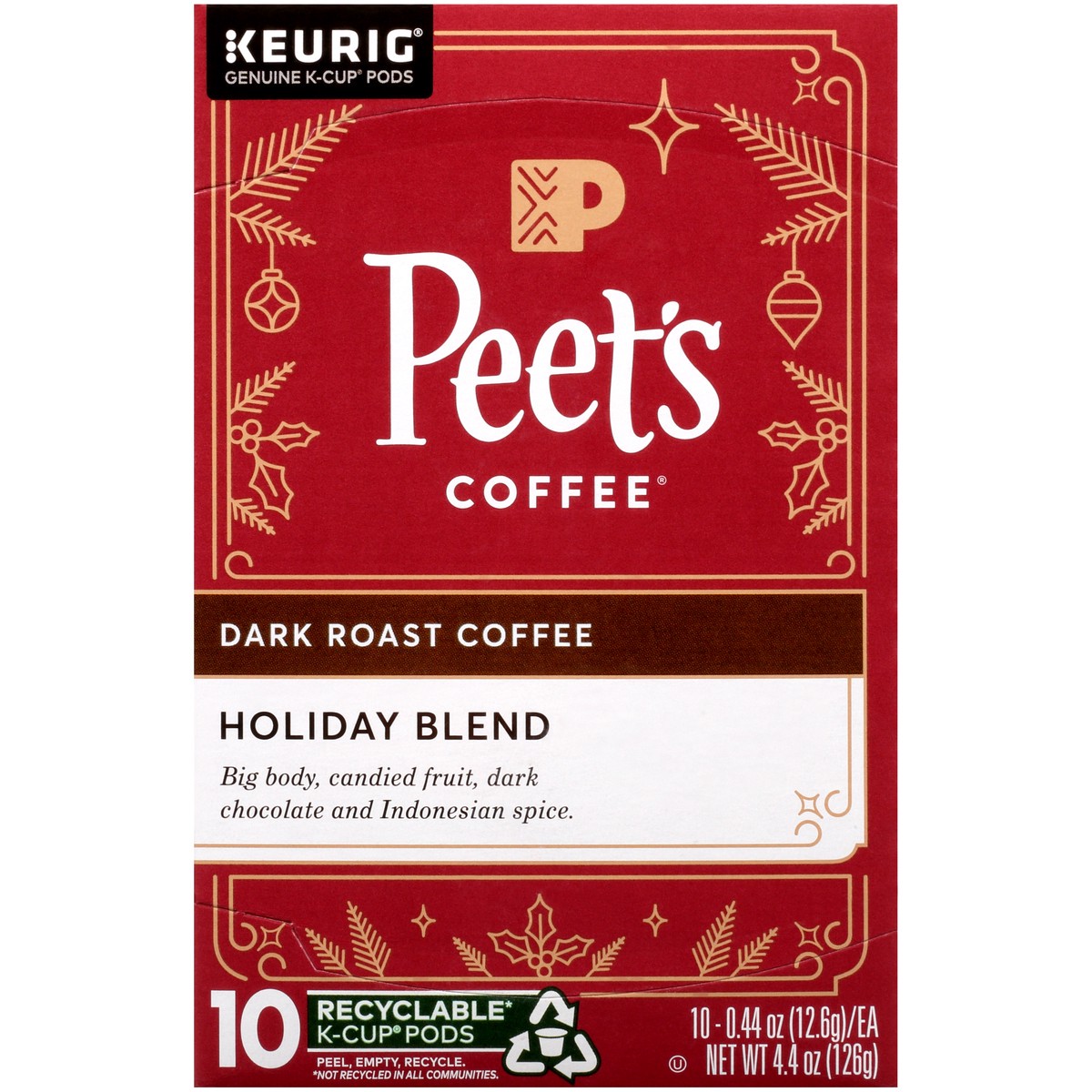 slide 4 of 9, Peet's Coffee, Holiday Blend Dark Roast K-Cup Coffee Pods - 10ct Carton, 10 ct