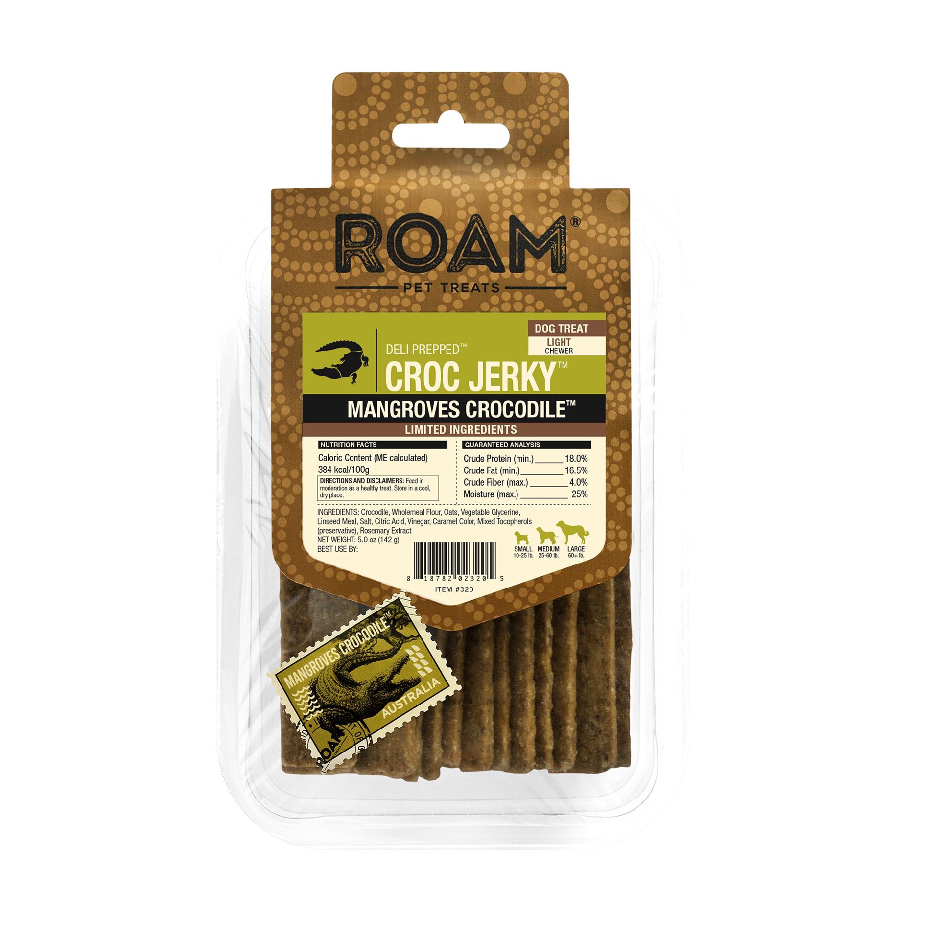 slide 1 of 1, ROAM Croc Jerky Adult & Senior Dog Treat Chew - Crocodile, 5 oz