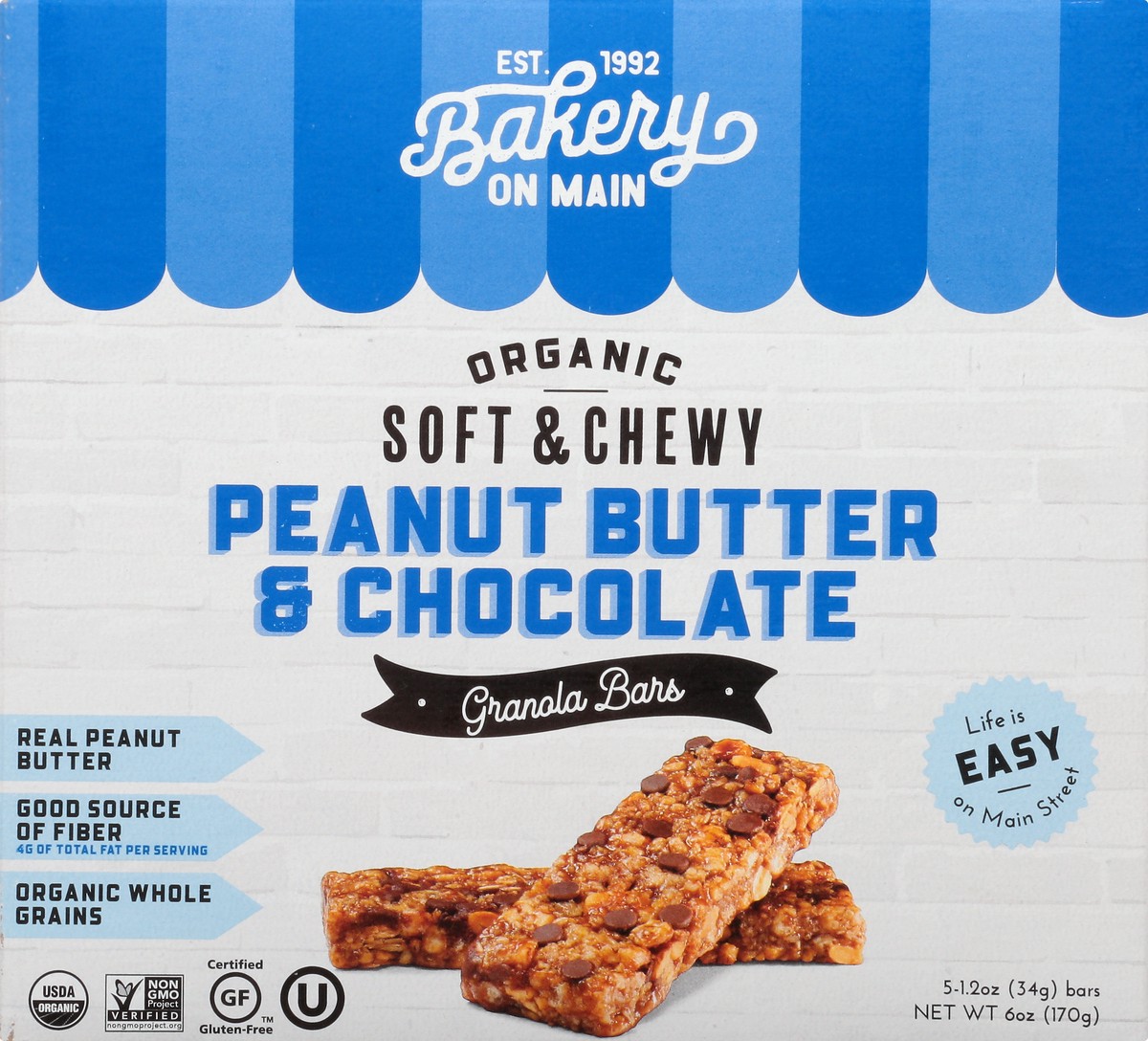 slide 1 of 7, Bakery on Main Organic 5 Pack Soft & Chewy Peanut & Butter Chocolate Granola Bars 5 ea, 5 ct