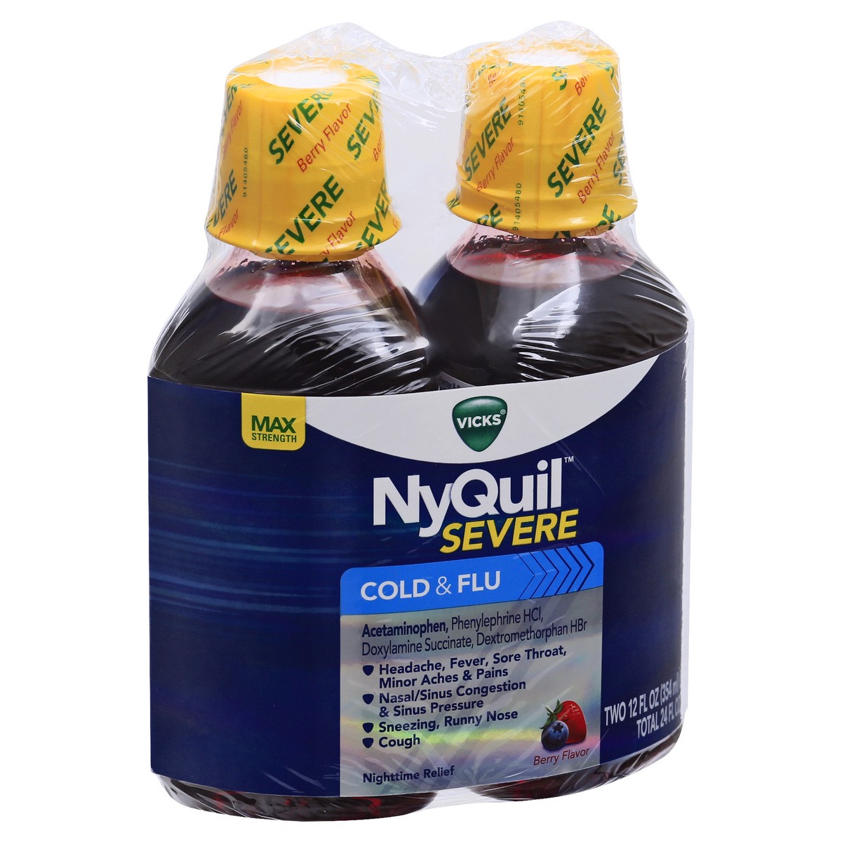 slide 9 of 9, Vicks NyQuil SEVERE Cold & Flu Liquid Berry Flavor Liquid Over-the-Counter Medicine, Powerful, Multi-Symptom Nighttime Relief for Headache, Fever, Sore Throat, Minor Aches and Pains, Nasal Congestion, Sinus Pressure, Sneezing, Runny Nose, and Cough, 2x8 O, 2 ct; 12 fl oz