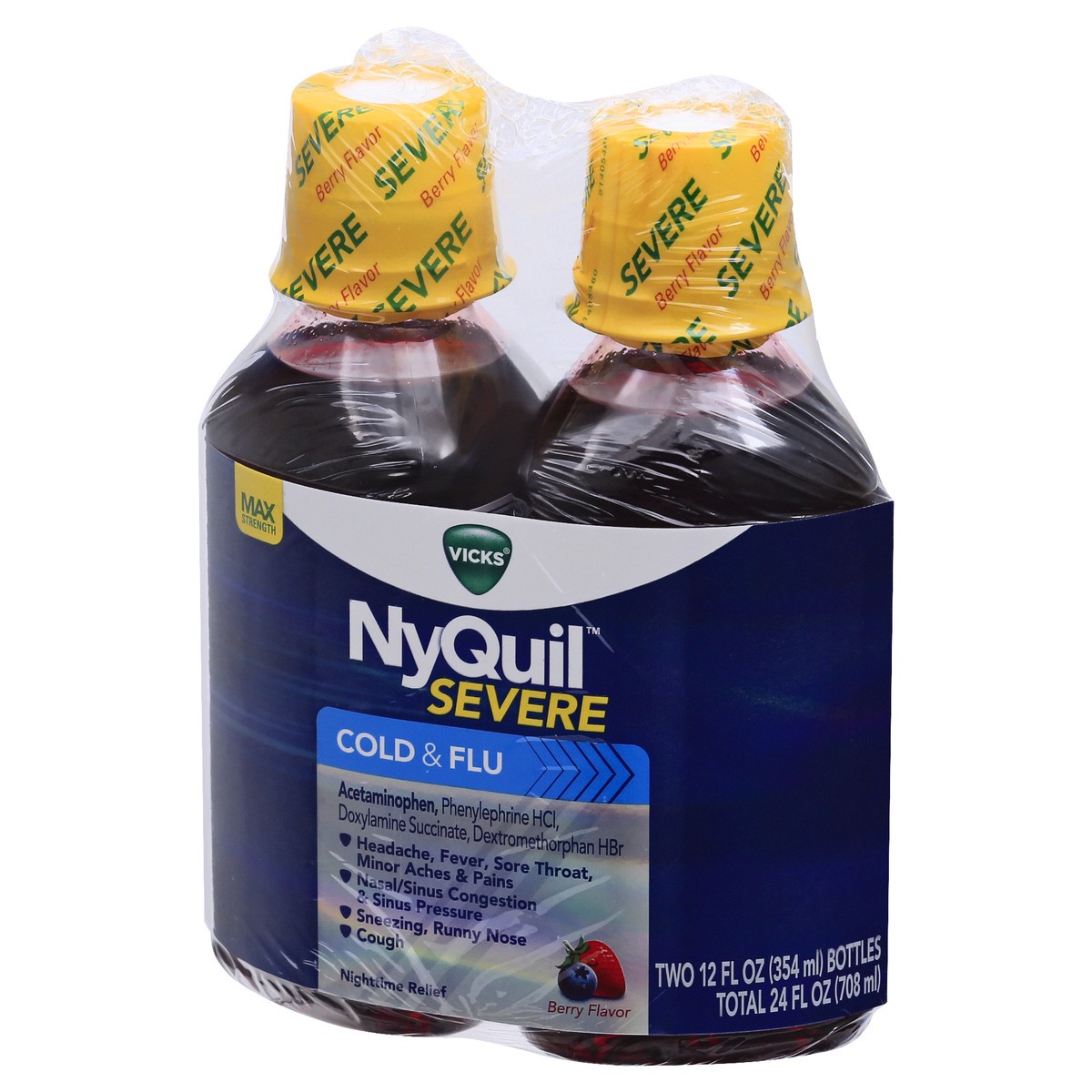 slide 5 of 9, Vicks NyQuil SEVERE Cold & Flu Liquid Berry Flavor Liquid Over-the-Counter Medicine, Powerful, Multi-Symptom Nighttime Relief for Headache, Fever, Sore Throat, Minor Aches and Pains, Nasal Congestion, Sinus Pressure, Sneezing, Runny Nose, and Cough, 2x8 O, 2 ct; 12 fl oz