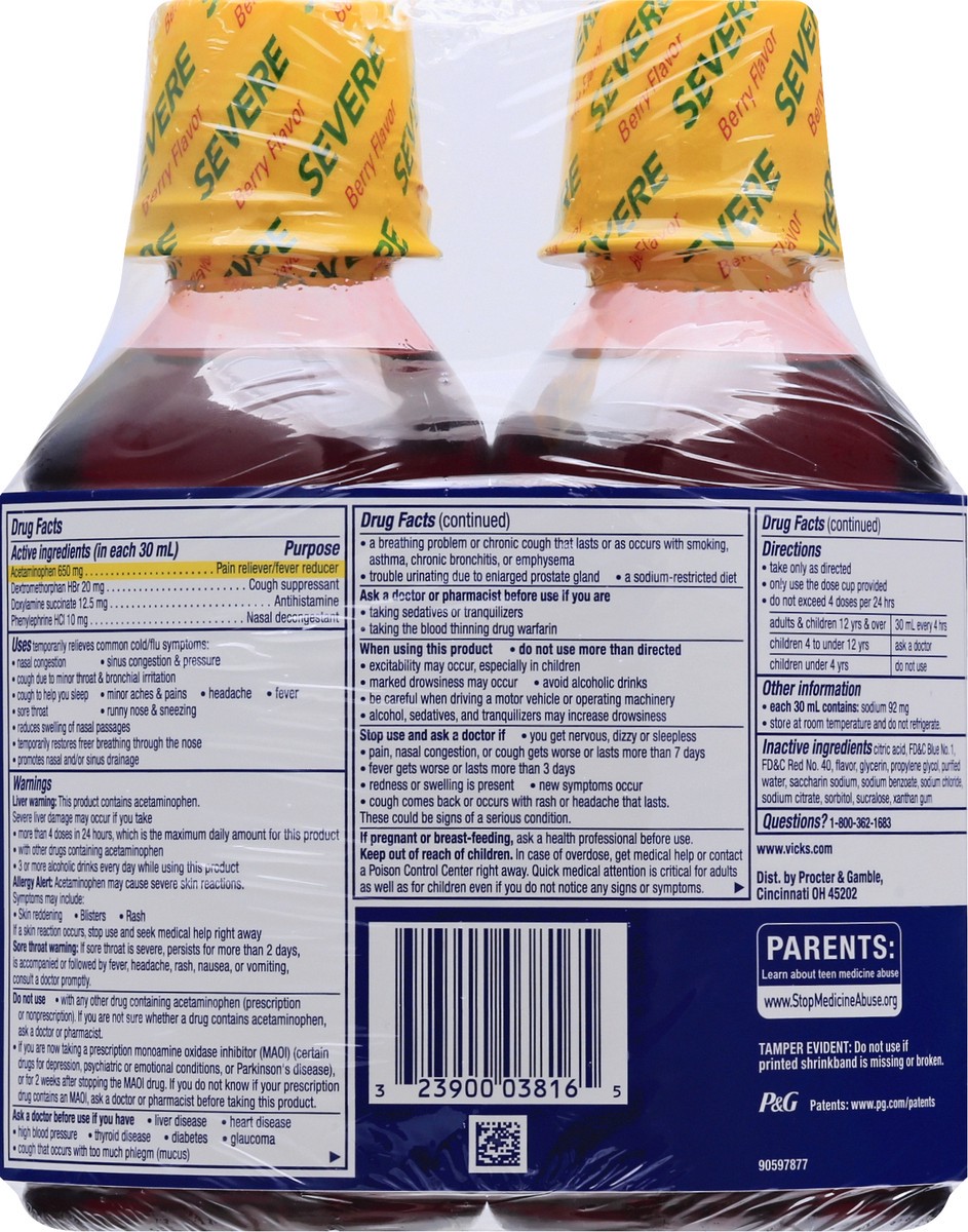 slide 6 of 9, Vicks NyQuil SEVERE Cold & Flu Liquid Berry Flavor Liquid Over-the-Counter Medicine, Powerful, Multi-Symptom Nighttime Relief for Headache, Fever, Sore Throat, Minor Aches and Pains, Nasal Congestion, Sinus Pressure, Sneezing, Runny Nose, and Cough, 2x8 O, 2 ct; 12 fl oz