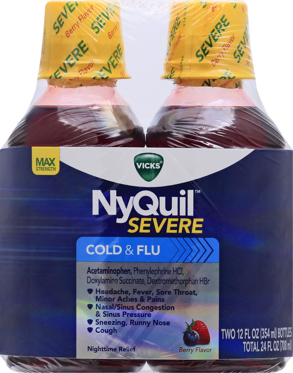 slide 7 of 9, Vicks NyQuil SEVERE Cold & Flu Liquid Berry Flavor Liquid Over-the-Counter Medicine, Powerful, Multi-Symptom Nighttime Relief for Headache, Fever, Sore Throat, Minor Aches and Pains, Nasal Congestion, Sinus Pressure, Sneezing, Runny Nose, and Cough, 2x8 O, 2 ct; 12 fl oz