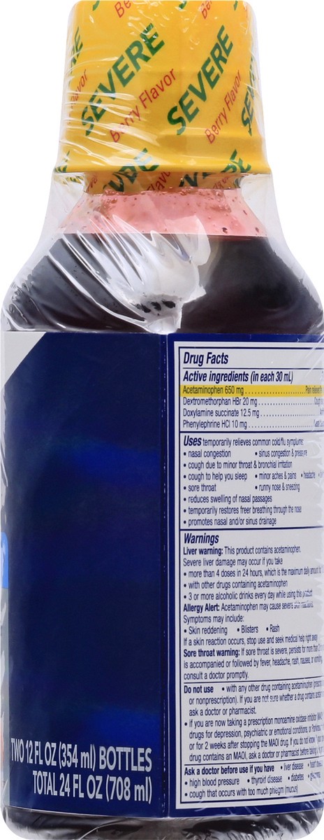 slide 2 of 9, Vicks NyQuil SEVERE Cold & Flu Liquid Berry Flavor Liquid Over-the-Counter Medicine, Powerful, Multi-Symptom Nighttime Relief for Headache, Fever, Sore Throat, Minor Aches and Pains, Nasal Congestion, Sinus Pressure, Sneezing, Runny Nose, and Cough, 2x8 O, 2 ct; 12 fl oz