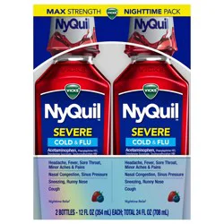 Vicks NyQuil SEVERE Cold & Flu Liquid Berry Flavor Over-the-Counter Medicine, Powerful, Multi-Symptom Nighttime Relief for Headache, Fever, Sore Throat, Minor Aches and Pains, Nasal Congestion, Sinus Pressure, Sneezing, Runny Nose, and Cough, 2x12 OZ