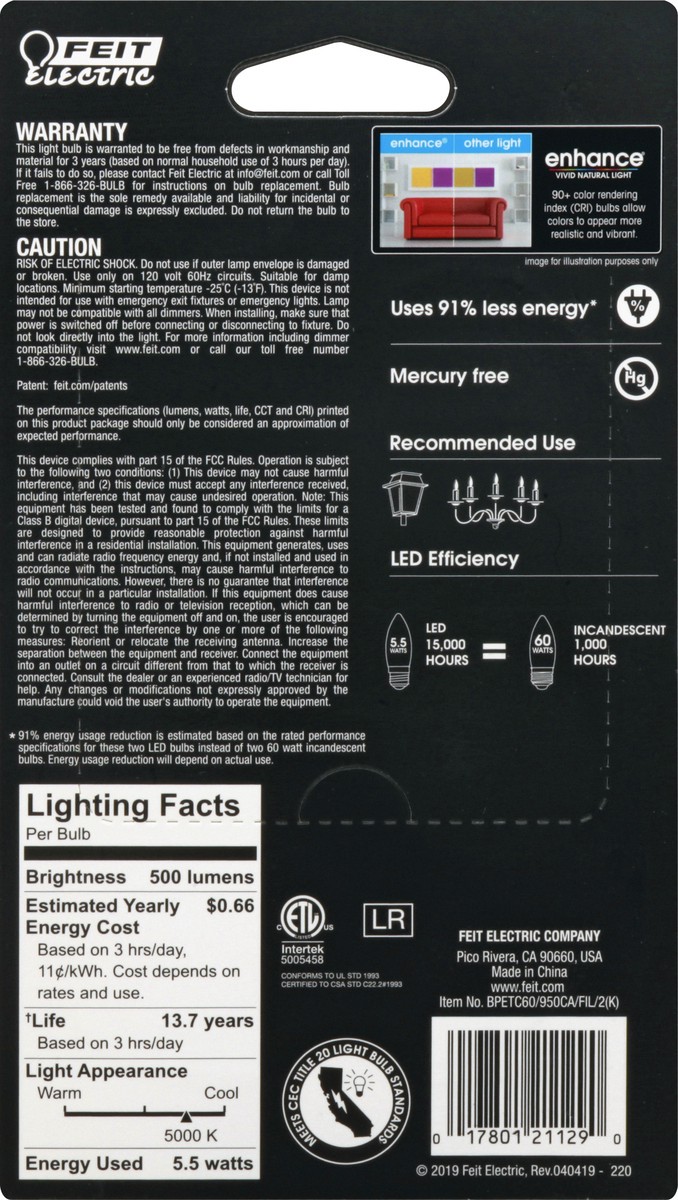 slide 6 of 10, Feit Electric Enhance 5.5 Watts LED Daylight Blunt Tip Clear Bulbs 2 ea, 2 ct