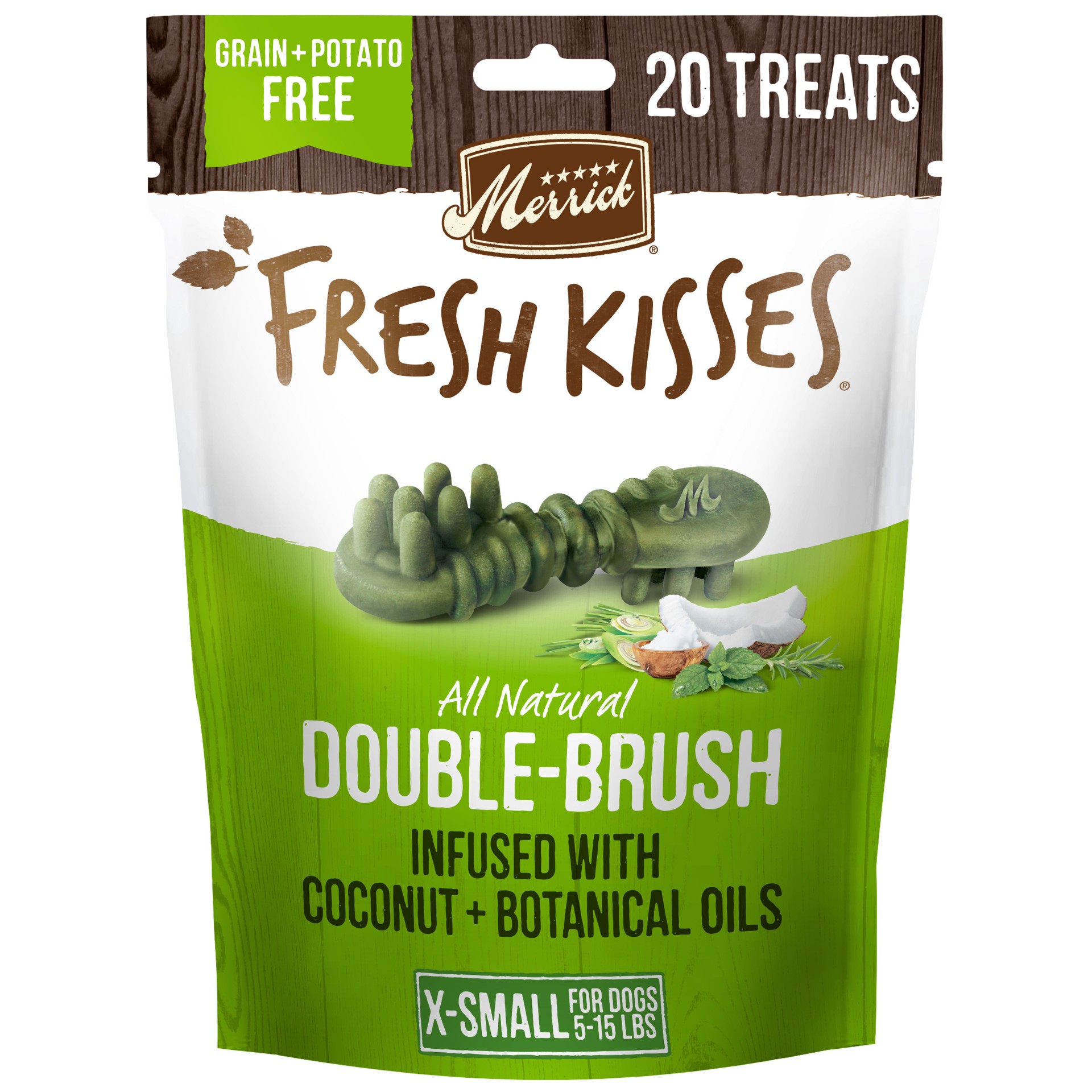 slide 1 of 1, Merrick Fresh Kisses Natural Dental Chews Infused With Coconut And Botanical Oils For Tiny Dogs 5-15 Lbs, 6 oz