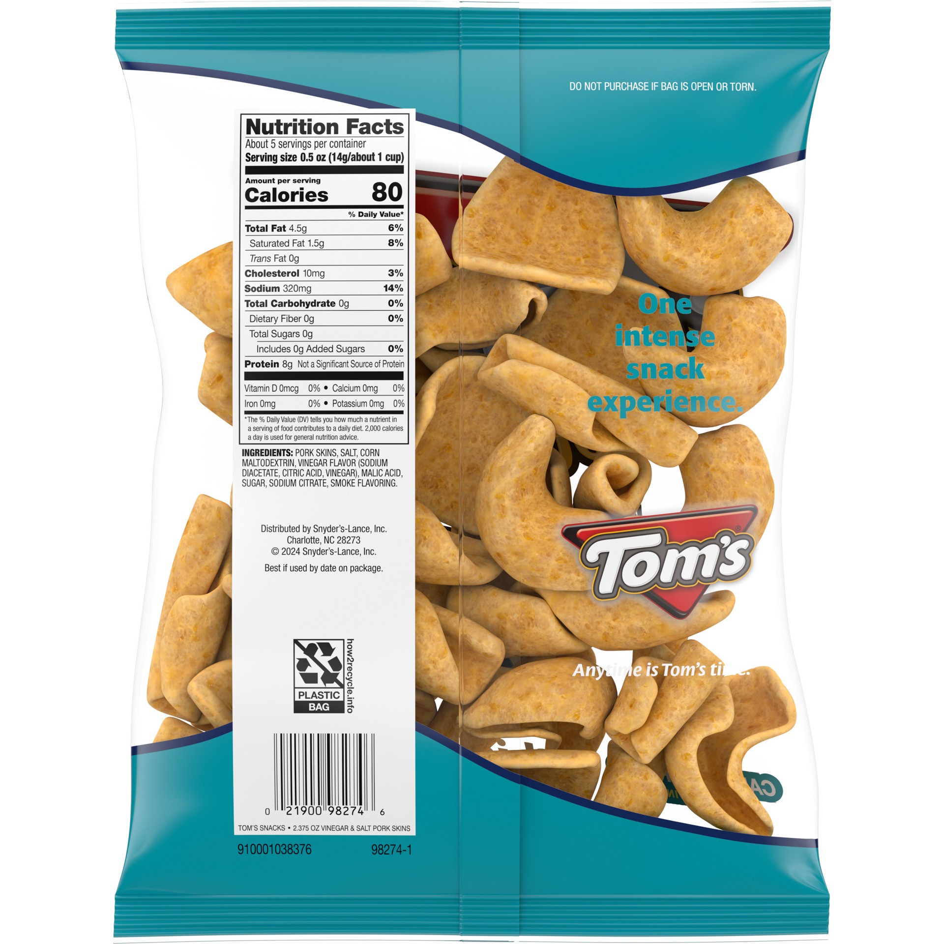 slide 3 of 6, Tom's Vinegar Flavored and Salt Fried Pork Skins, 2.370 oz