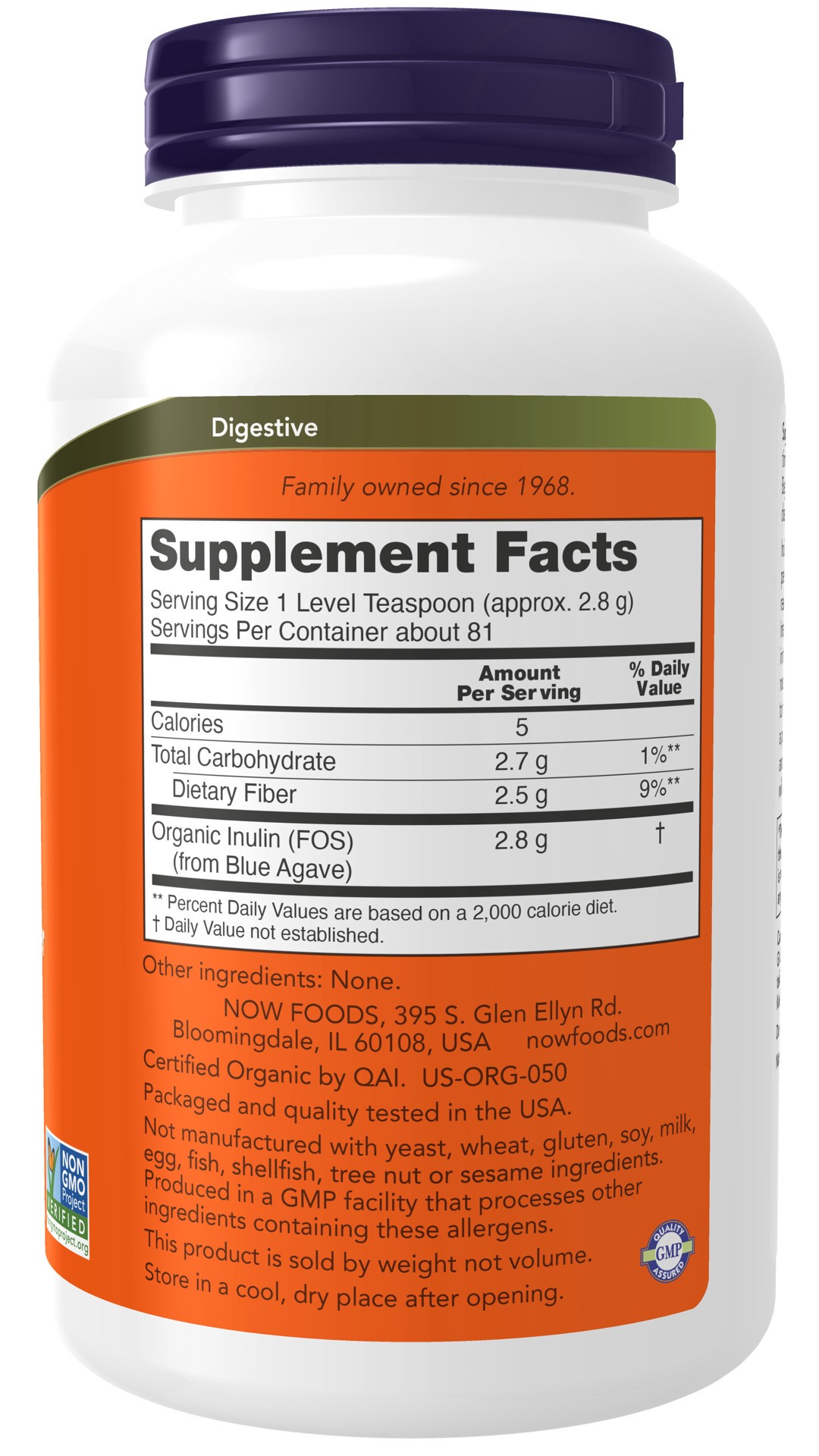 slide 3 of 4, NOW Supplements Inulin Prebiotic Pure Powder, Organic - 8 oz., 8 oz