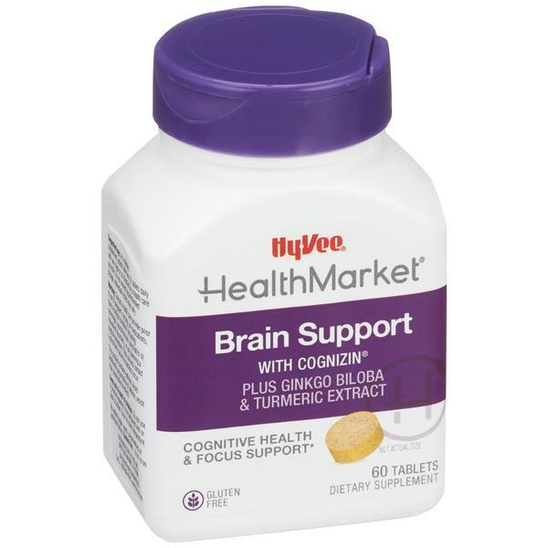 slide 1 of 1, Hy-Vee Health Market Brain Support With Cognizin + Ginko Biloba & Turmeric Extract Tablets, 60 ct