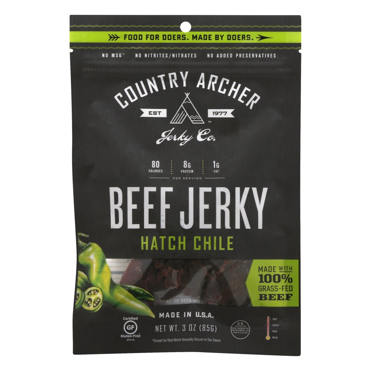 slide 1 of 8, Country Archer Hatch Chile Beef Jerky, 3 oz